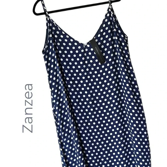 NWT | SLEEVELESS MAXI V-NECK SLIP DRESS NAVY BLUE WHITE POLKA DOT | SIZE: 14 - Picture 4 of 9